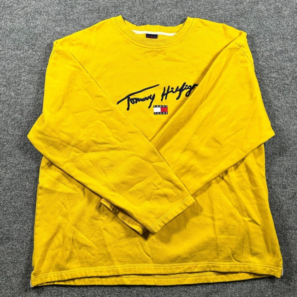 Tommy Jeans Sweatshirt Mens XL Yellow Embroidered Logo Crewneck Pullover
